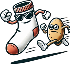 El calcetín y la papa de Calcetín sin Papas corriendo
